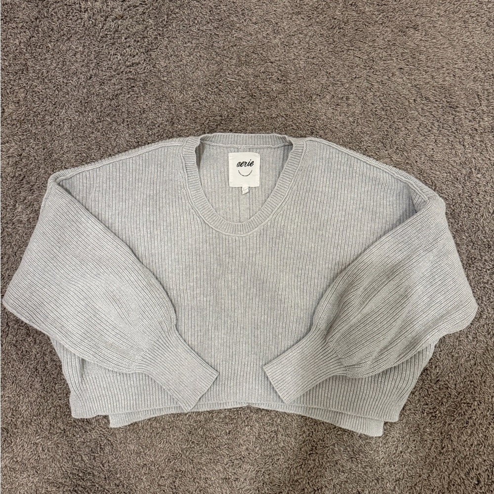 Aerie Light Gray V-Neck Sweater